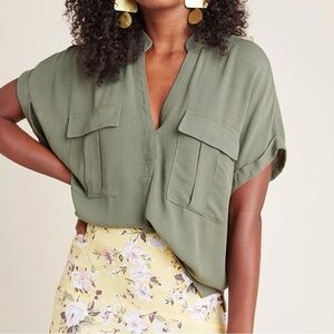 Anthropologie Maeve XL olive green cuffed short sleeve notch V neck top